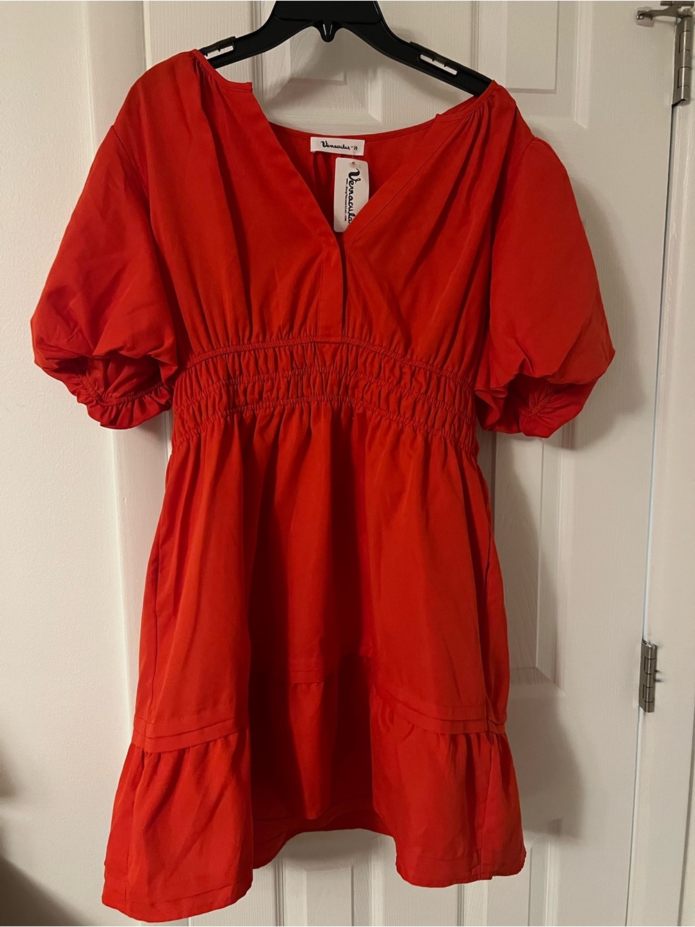 Women's Red Puff-Sleeve Mini Dress with Smocked Waist